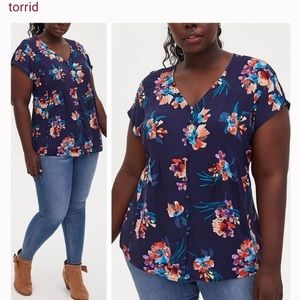 Torrid Navy Floral Challis Button Fit & Flare Blouse